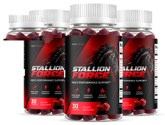 Three bottles of Stallion Force Men's Performance Support gummies